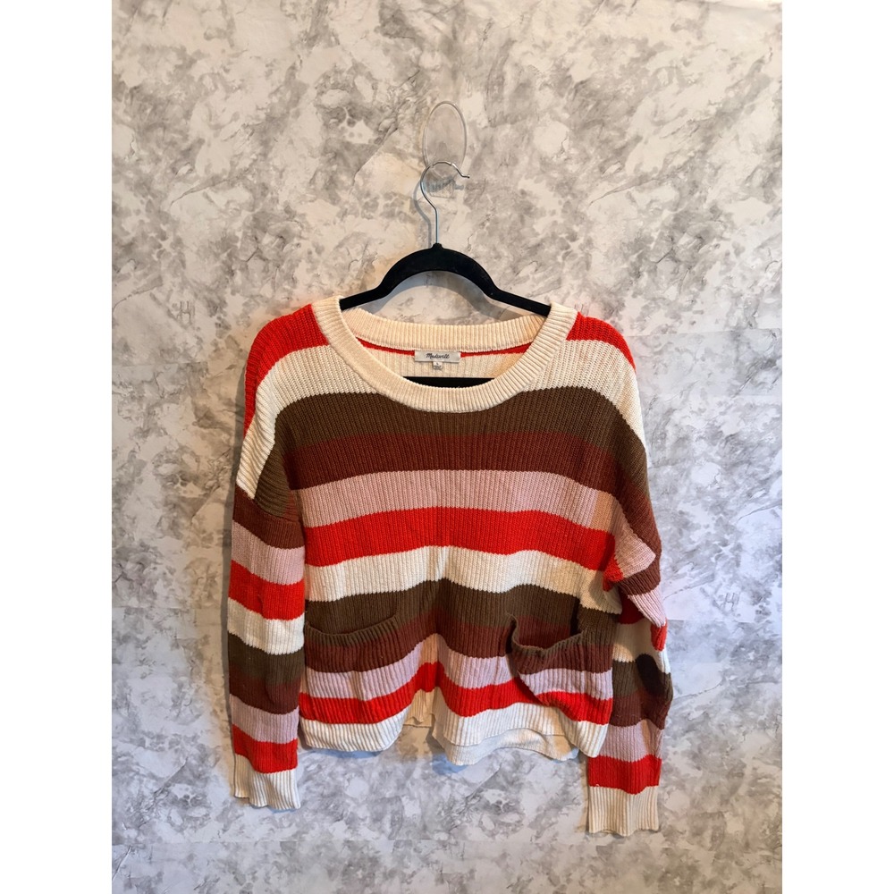 Madewell Striped Pullover Sweater Front Pockets Women's Size‎ L Ribbed Cozy Knit
